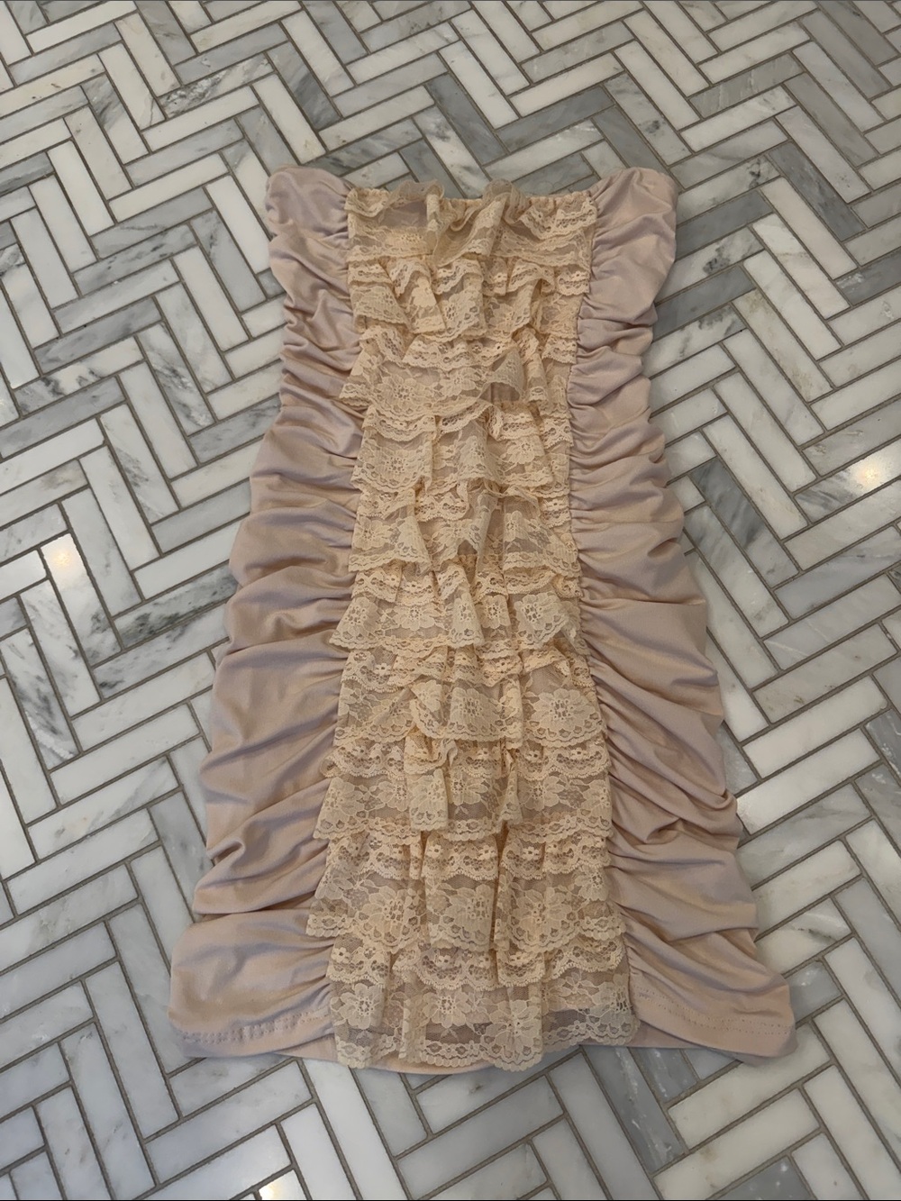 Strapless Lace Ruffled Tube Dress in cream